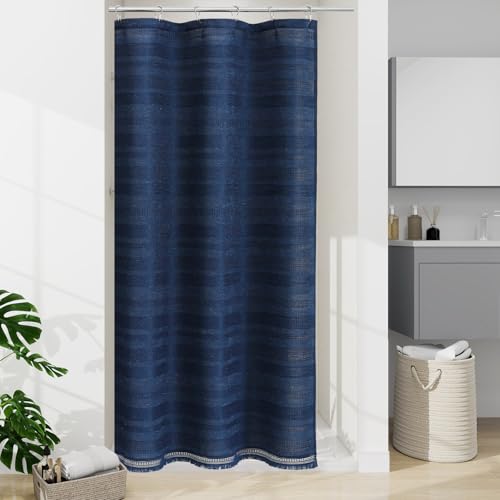 Small Stall Boho Farmhouse Shower Curtain with Tassel, Linen Bohemian French Country Chic Bathroom Shower Curtain Set, Modern Striped Textured Shower Curtain 36x72 - Navy Blue - color: Navy, size: 36"W x 72"L (Pack of 1)