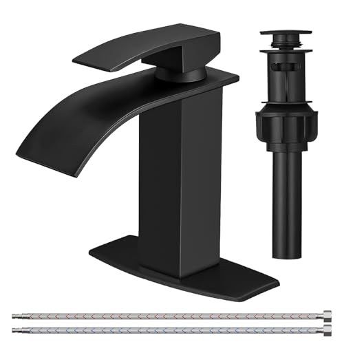 Bathroom Faucet 1 Hole Single Waterfall Vanity Sink Faucet Matte Black | One Hole Bathroom Sink Faucet, Square Single Handle, 6 Inch Deck Plate For 3 Hole, Supply Line, Pop-up Drain,Fits RV Restroom - color: Matte Black, style: Short - With Pop Up Drain