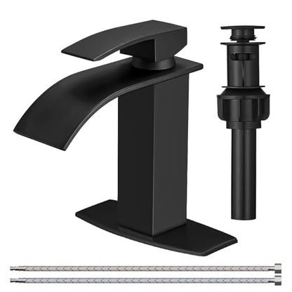 Bathroom Faucet 1 Hole Single Waterfall Vanity Sink Faucet Matte Black | One Hole Bathroom Sink Faucet, Square Single Handle, 6 Inch Deck Plate For 3 Hole, Supply Line, Pop-up Drain,Fits RV Restroom - color: Matte Black, style: Short - With Pop Up Drain