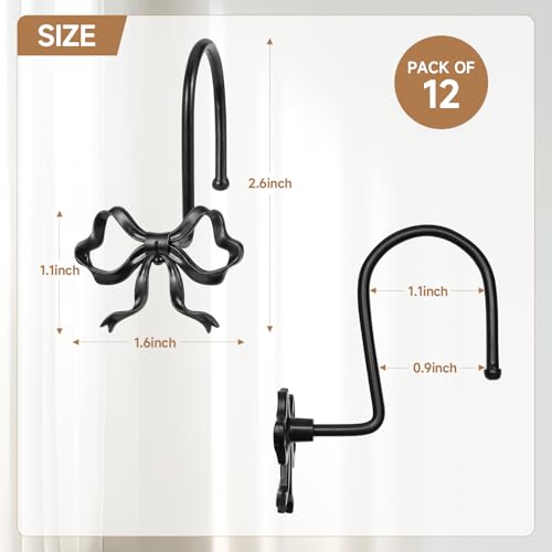 12 Pack Elegant Bow Shower Curtain Hooks, Black Metal Rustproof Decorative Shower Curtain Hooks, Shower Curtain Hangers for Bathroom Art Decor