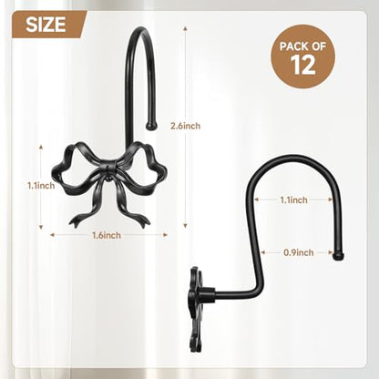 12 Pack Elegant Bow Shower Curtain Hooks, Black Metal Rustproof Decorative Shower Curtain Hooks, Shower Curtain Hangers for Bathroom Art Decor