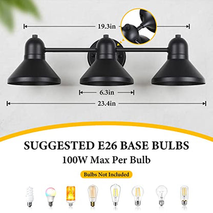 Bairth Bathroom Light Fixtures,3-Light Black Metal Vanity Light Over Mirror | Farmhouse Rustic Industrial Bathroom Vanity Light, Modern Bathroom Lights with Metal Shade for Living Room Cabinet Hallway - size: 3-Light