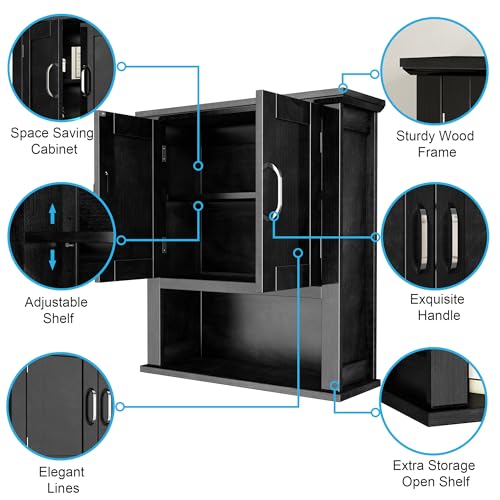 ChooChoo Wood Bathroom Wall Cabinet with Door, Black Medicine Cabinet | Rustic Over The Toilet Storage Cabinet, Adjustable Shelf, Open & Concealed Storage, 7.5 x 21.6 x 24 Inches - color: Black