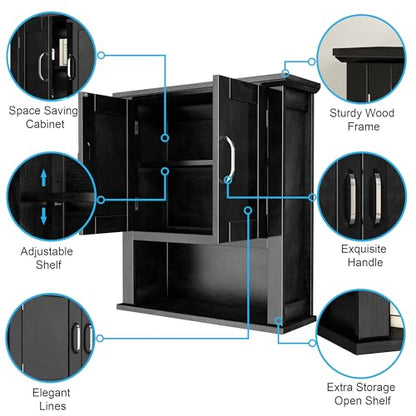 ChooChoo Wood Bathroom Wall Cabinet with Door, Black Medicine Cabinet | Rustic Over The Toilet Storage Cabinet, Adjustable Shelf, Open & Concealed Storage, 7.5 x 21.6 x 24 Inches - color: Black