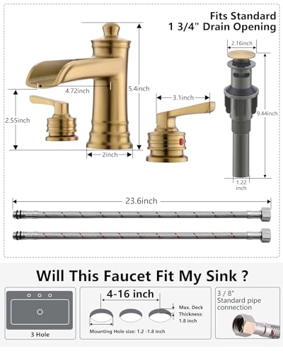 Fapully Brushed Gold Bathroom Sink Faucet, Waterfall Bathroom Faucets 3 Hole, 8 Inch Widespread Bathroom Faucet with Pop-up Drain, 2-Handle Faucet for Bathroom Sink Vanity RV - color: Brushed Gold