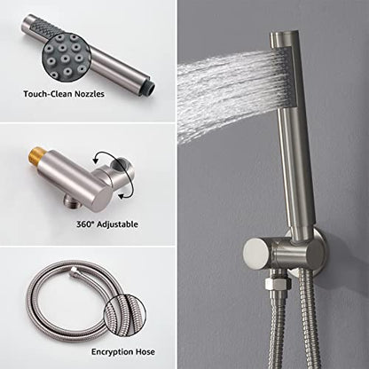 Iriber Brushed Nickel Shower System Wall Mounted Shower Faucet Mixer Set with 12 Inches Rain Shower head and Handheld, Bathroom Shower Trim Kit Contain Pressure Balance Valve - color: Brushed Nickel 02
