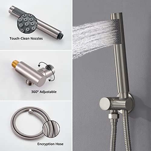 Iriber Brushed Nickel Shower System Wall Mounted Shower Faucet Mixer Set with 12 Inches Rain Shower head and Handheld, Bathroom Shower Trim Kit Contain Pressure Balance Valve - color: Brushed Nickel 02