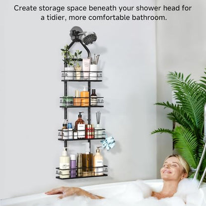 4 Tier Shower Caddy Hanging, Adjustable Shower Overhead Caddy Rustproof, No Drilling Standing Shower Caddy Handing Shower Racks for Bathroom Shampoo Soap Storage