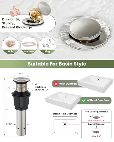 gotonovo Bathroom Vessel Sink Faucet Metal Pop Up Drain, Brushed Nickel | Tall Bathroom Faucet 1 Hole Single Handle Modern Round Body, cUPC Water Supply Hoses, for Basin Vanity Lavatory Restroom Rv - color: Nickel