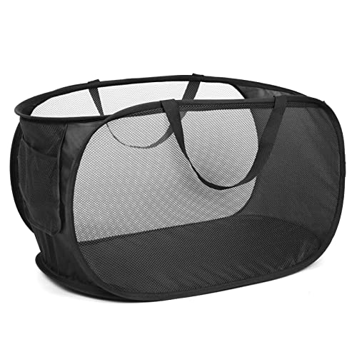 Durable Collapsible Laundry Baskets, Mesh Pop Up Laundry Hamper with Side Pocket, Foldable Clothes Storage Hamper with Reinforced Carry Handles for Laundry, Bathroom, Kids Room, Dorm or Travel Black - color: Black