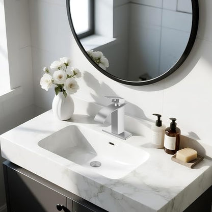 Brushed Nickel Bathroom Faucets, Waterfall Bathroom Sink Faucet | Single Handle, Stainless Steel, Vanity Faucet with Deck Plate, Pop-up Drain, For 1 or 3 Hole, RV, Farmhouse - color: A-Brushed Nickel