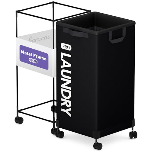 Caroeas Next-Gen 105L Matel Frame Laundry Basket with wheels, Heavy Duty Tall Rolling Laundry Hamper with Removable Wash Bag, Collapsible Freestanding Clothes Hamper (100L,Black,1Pack) - color: Black