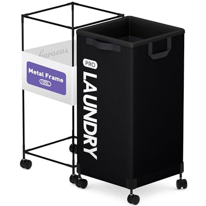 Caroeas Next-Gen 105L Matel Frame Laundry Basket with wheels, Heavy Duty Tall Rolling Laundry Hamper with Removable Wash Bag, Collapsible Freestanding Clothes Hamper (100L,Black,1Pack) - color: Black