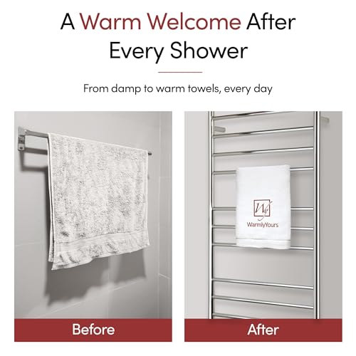 WarmlyYours Ontario Heated Towel Rack, 11 Bars, Polished Stainless Steel | Wall-mounted electric towel warmer for bathrooms, 11 heated bars, hardwired, spa-like warm towels every day