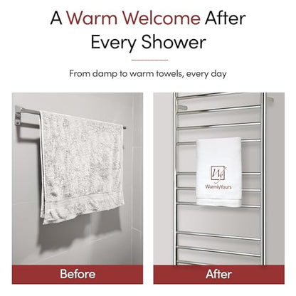 WarmlyYours Ontario Heated Towel Rack, 11 Bars, Polished Stainless Steel | Wall-mounted electric towel warmer for bathrooms, 11 heated bars, hardwired, spa-like warm towels every day