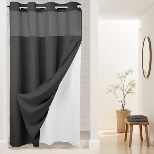 River Dream Waffle No Hook Shower Curtain with Liner,Graphite Grey,54x80 | Dotted Waffle,Snap-in Liner,Heavy Duty,Quick Dry,Mesh Top Window,With Bottom Magnets,Hotel-Grade,Washable,Stall Long Size - color: Graphite Grey, size: 54"W x 80"L (Pack of 1)