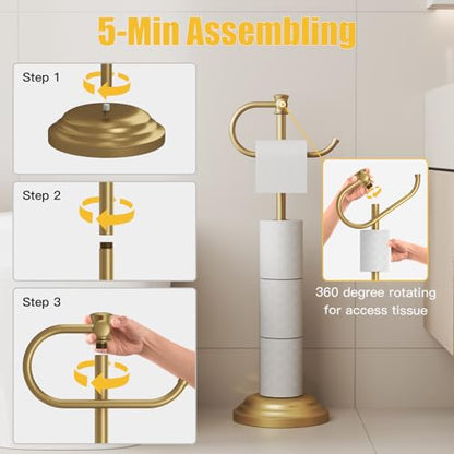 Toilet Paper Holder Floor Stand, Bathroom Freestanding Gold | Toilet Tissue Roll Holder, Free Standing Rack with Storage, Weighted Base Accessories, SUS304 Stainless Steel Rustproof - color: Gold