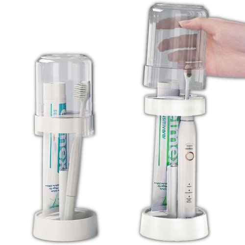 Toothbrush Holder with Cup/Cover Contains 2 Slots, Compatible with Electric Toothbrushes and Conventional Toothbrushes, Can Store Toothpaste Meiloi