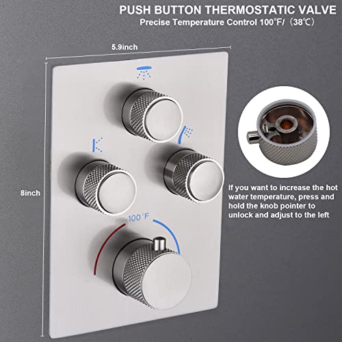 Dual Shower Heads Shower System with 16" Ceiling Mounted Rain Shower Head & 6" Wall Mounted Head Full Body Shower System 3 Way Thermostatic Shower Valve Can All Run Together, Brushed Nickel - color: Brushed Nickel, style: 16inch+6inch