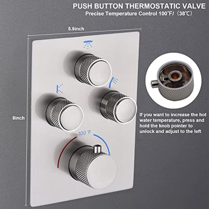 Dual Shower Heads Shower System with 16" Ceiling Mounted Rain Shower Head & 6" Wall Mounted Head Full Body Shower System 3 Way Thermostatic Shower Valve Can All Run Together, Brushed Nickel - color: Brushed Nickel, style: 16inch+6inch