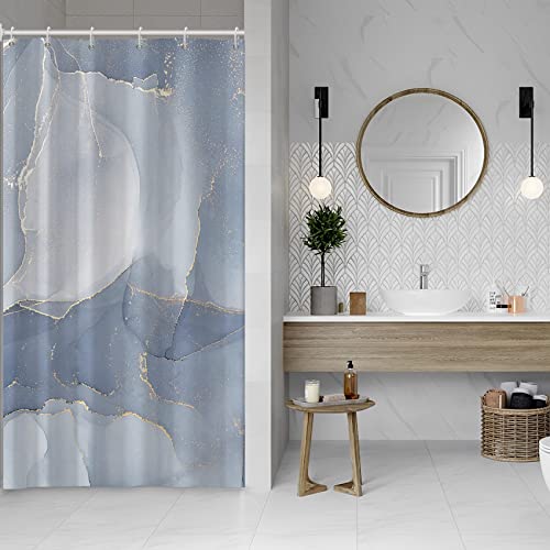 AWERT Small Half Size Stall Shower Curtain with 6 Hooks Shower Stall Curtain 36 x 72 Light Blue Marble Gold 36 inch Shower Curtain for Bathroom/RV and Camper (Blue Marble) - color: Blue Marble, size: 36"W x 72"L (Pack of 1)