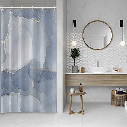 AWERT Small Half Size Stall Shower Curtain with 6 Hooks Shower Stall Curtain 36 x 72 Light Blue Marble Gold 36 inch Shower Curtain for Bathroom/RV and Camper (Blue Marble) - color: Blue Marble, size: 36"W x 72"L (Pack of 1)