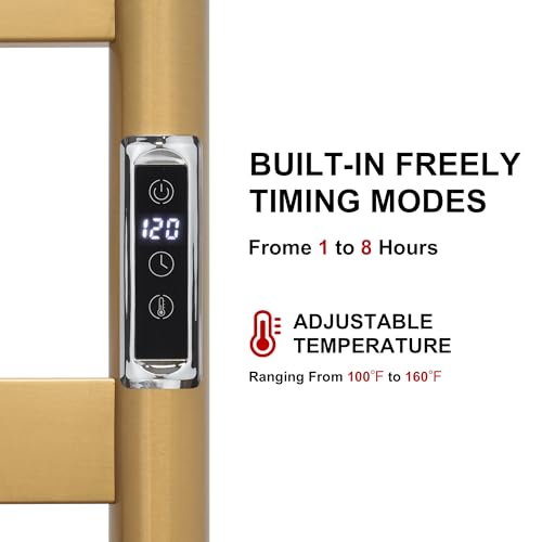 Heated Wall Mounted Electric Towel Warmer Rack,Timer & Temperature Control, 8 Bar Stainless Steel Towel Heater for Bathroom, Brushed Gold, Plug-in(27.56x19.69x4.41in) - color: Brushed Gold, size: 8 Bars