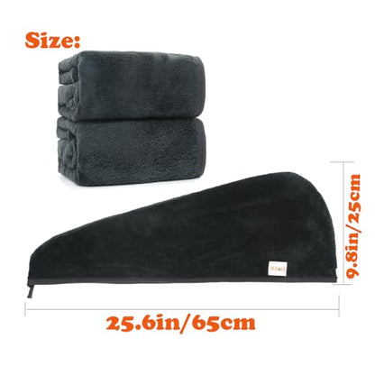 M-bestl 2 Pack Microfiber Hair Towel Wrap,Hair Drying Towel with Button,Absorbent and Anti-frizz Head Towel to Dry Curly or Straight Hair Quickly (Black) - color: Black
