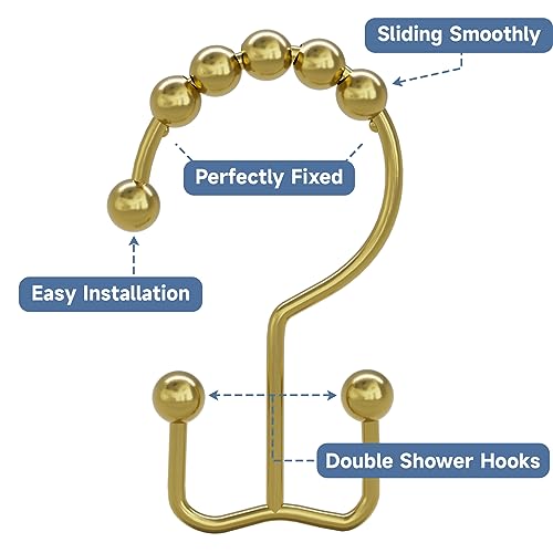 Titanker Gold Shower Curtain Hooks Rings, Rust-Resistant Metal Double Glide Shower Hooks Rings for Bathroom Shower Curtains Rods, Set of 12 Hooks - Light Gold - color: Light Gold, style: Modern