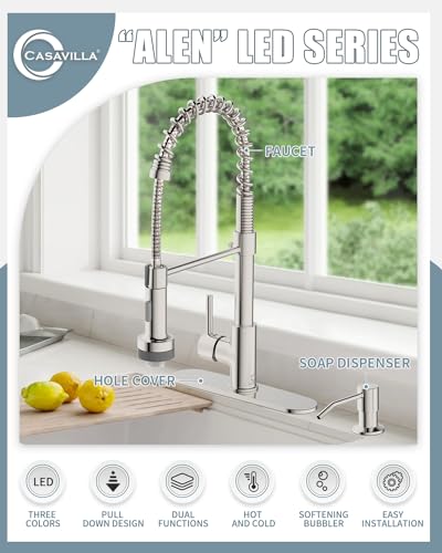Kitchen Faucet with LED Light,Kitchen Faucet with Soap Dispenser,Faucet for Camper Farmhouse RV Kitchen Sink,Single Handle Stainless Steel Kitchen Sink Faucets with Pull Down Sprayer,Nickel Brushed - color: B-Brushed Nickel, style: Rustic