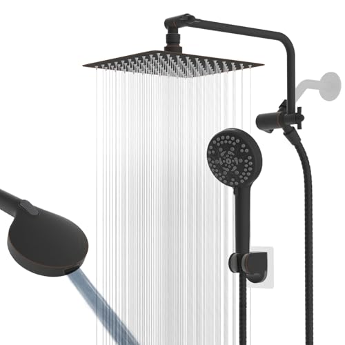 10" Metal Rainfall Shower Head with 10-Mode Handheld, Oil Rubbed Bronze | NSF/ANSI/CAN 372 Certified, High Pressure Showerhead Combo with 11" Adjustable Shower Arm, 71" Hose, Shower Head Holder - color: Oil Rubbed Bronze, style: Square 10"