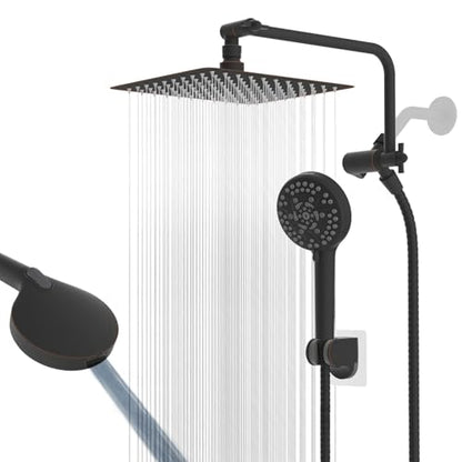 10" Metal Rainfall Shower Head with 10-Mode Handheld, Oil Rubbed Bronze | NSF/ANSI/CAN 372 Certified, High Pressure Showerhead Combo with 11" Adjustable Shower Arm, 71" Hose, Shower Head Holder - color: Oil Rubbed Bronze, style: Square 10"