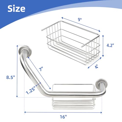 FSA Eligible, Upgrade 16 inch Angled Grab Bar with Storage Basket, Handicap Grab Bar for Elderly, Stainless Steel, Grab Bars for Shower, Bathroom Mobility Aid, Heavy Duty 550lbs Support
