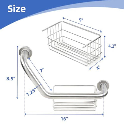FSA Eligible, Upgrade 16 inch Angled Grab Bar with Storage Basket, Handicap Grab Bar for Elderly, Stainless Steel, Grab Bars for Shower, Bathroom Mobility Aid, Heavy Duty 550lbs Support
