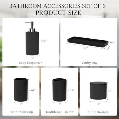 6-Piece Black Bathroom Set - Mesh Textured Resin Bathroom Accessories Set with Soap Dispenser, Toothbrush Holder, Cup, Vanity Tray & Apothecary Jars for Small Spaces - color: Black - Mesh Textured