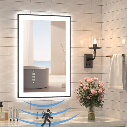 24"x32" Black Framed LED Mirror for Bathroom, Body Sensor Wide Front & Back Light, Dimmable 3 Colors, Fast Defogging, Tempered Glass, HD Reflection Motion Sensor Lighted LED Mirrors for Bathroom Wall - size: 24"L x 32"W