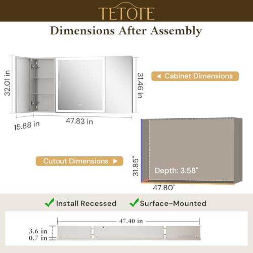 TETOTE 48 x 32 Lighted Bathroom Medicine Cabinet with Adjustable Shelves, Silver Aluminum Cabinet, Anti-Fog Stepless Dimmable 3 Colors White/Warm/Natural, Easy to Install(Wall Mount/Recessed) - color: Silver, size: 32"L x 48"W
