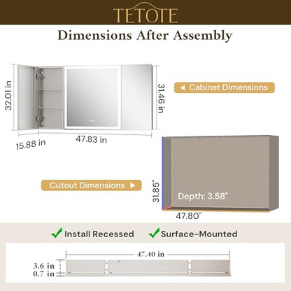 TETOTE 48 x 32 Lighted Bathroom Medicine Cabinet with Adjustable Shelves, Silver Aluminum Cabinet, Anti-Fog Stepless Dimmable 3 Colors White/Warm/Natural, Easy to Install(Wall Mount/Recessed) - color: Silver, size: 32"L x 48"W