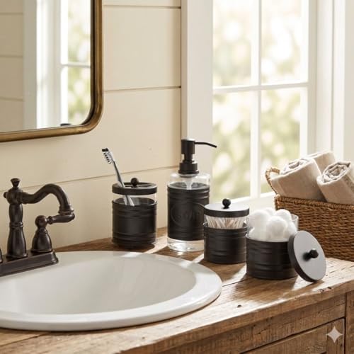 Autumn Alley Farmhouse Matte Black Bathroom Accessories Set (4 PCS) - Lotion Soap Dispenser, Black Toothbrush Holder Set, 2 Glass Apothecary Jars (Qtip Holder) - Rustic Bathroom Accessories Set