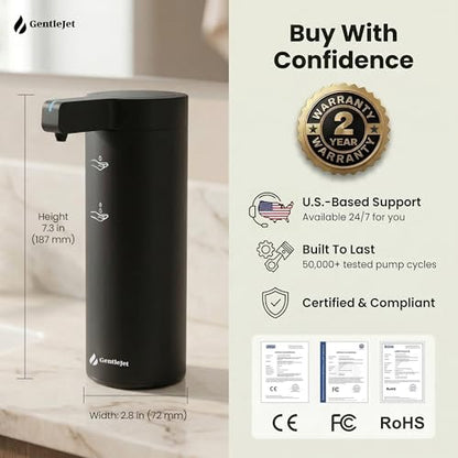 GentleJet SmoothDrop Automatic Liquid Soap Dispenser Touchless, No-Drip Precision Pump, USB-C Rechargeable, 304 Stainless Steel, Waterproof Countertop Dispenser for Kitchen & Bathroom Sink, 270 ml - color: Black