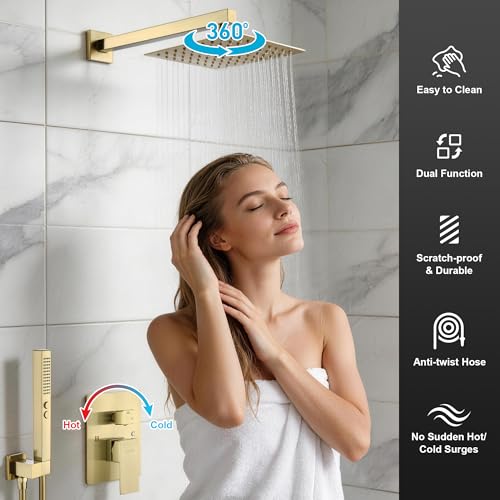 Rain Shower System, 12''Square Rain Head,2-Spray Handheld,Gold | 2 Spray Functions,Anti-Tangle Explosion-proof PVD Hose,Balance Temp Valve,Rust-proof & Scratch-resistant - color: Brushed Gold, size: 12 Inch