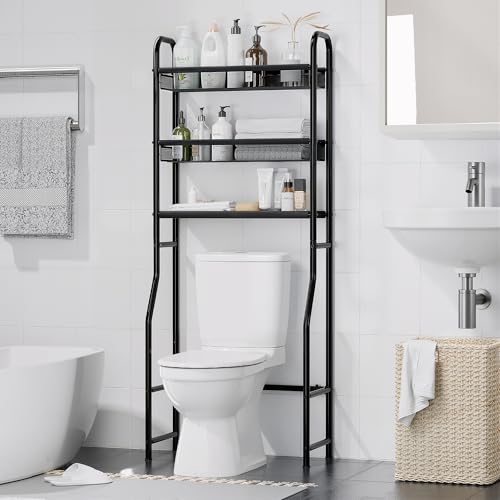 3 Tier Over The Toilet Storage Shelf, Black Bathroom Over The Toilet Storage Rack, Space Saving Above Toilet Storage Shelf with Vinyl Mesh Surface, Bathroom Toilet Shelf Rack Organizer