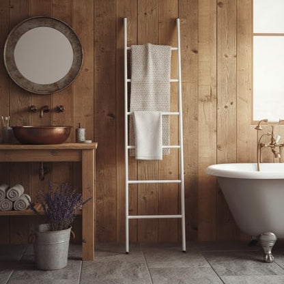 6-Tier Blanket Ladder 68 Inch Wall-Leaning Towel Rack for Living Room and Bedroom, Easy Assembly - White - color: White
