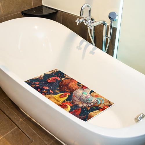 Bath Tub Mat Non Slip 15.1 x 26.8 Inch, Seamless Chickens and Roosters Pattern Eco Friendly Bathmat with Suction Cups Drain Holes Shower Tub Mats - color: Multi 09