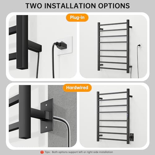 Towel Warmer Rack, Heated Towel Racks for Bathroom, Wall Mounted Towel Warmer, Stainless Steel 8-Bars Drying Rack with Intelligent Touch Screen Timer, Matte Black
