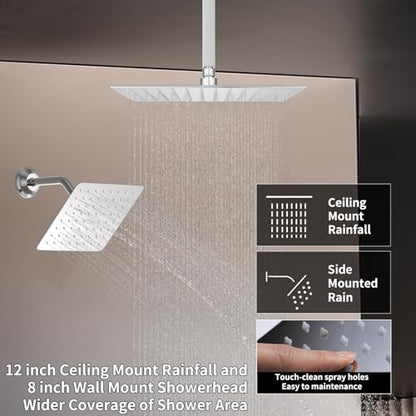 Thermostatic Shower System Chrome Shower Faucet Set, Four Modes Shower Faucet with 4 PCS Body Jet, Handheld Spray, 2 Rainfall Shower Head(12+8“) - color: Chrome, size: 12+8" Ceiling Shower
