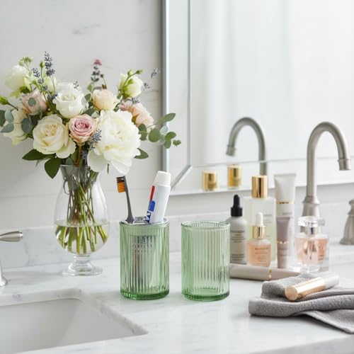 Green Toothbrush Holders for Bathrooms, 2pcs Glass Toothbrush Holder and 12oz Bathroom Tumbler Cup Set, Silver Tooth Brush and Toothpaste Organizer for Bathroom Vanity Countertop - color: Green Silver