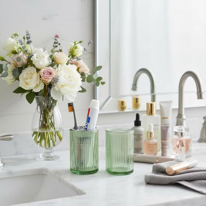 Green Toothbrush Holders for Bathrooms, 2pcs Glass Toothbrush Holder and 12oz Bathroom Tumbler Cup Set, Silver Tooth Brush and Toothpaste Organizer for Bathroom Vanity Countertop - color: Green Silver
