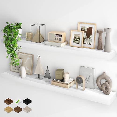 Fun Memories Floating Shelves for Wall, 55Inch Floating Shelves Set of 2, Hanging Shelf with Invisible Brackets, Wood Shelves for Living Room, Bedroom, Kitchen, White - color: White, size: 55"W x 6.5"D