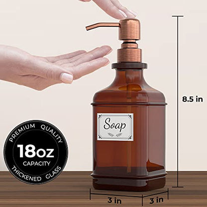 GLADPURE Soap Dispenser 2 Pack, Hand Soap Dispensers with 18 Oz Antique Design Thick Amber Glass Bottle, 316 Rust Proof Stainless Steel Pump, 6Pcs Stickers, for Lotion, Soap - Brushed Copper - color: Brushed Copper